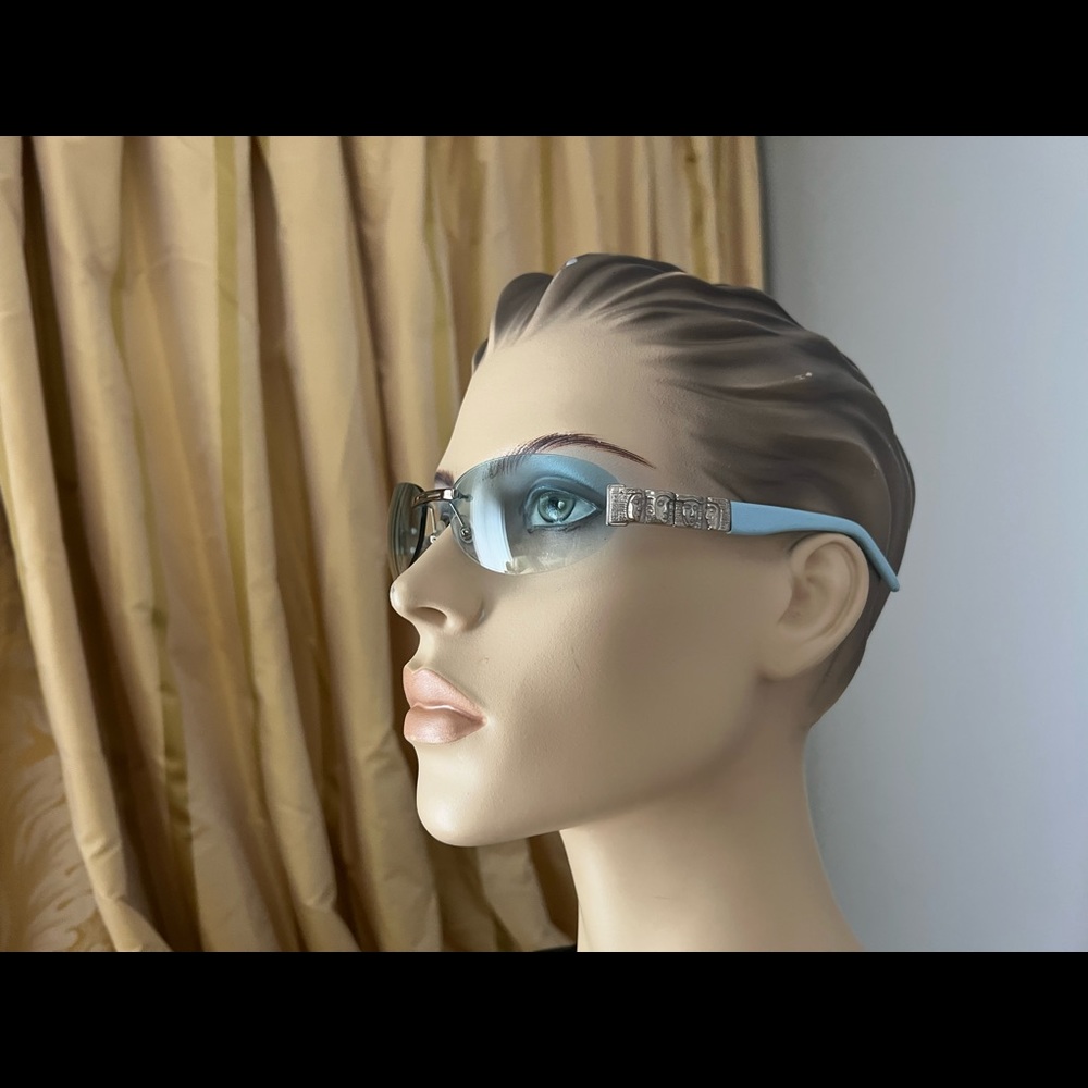 Kieselstein-Cord blue lens sunglasses w/signature metal design&blue leather